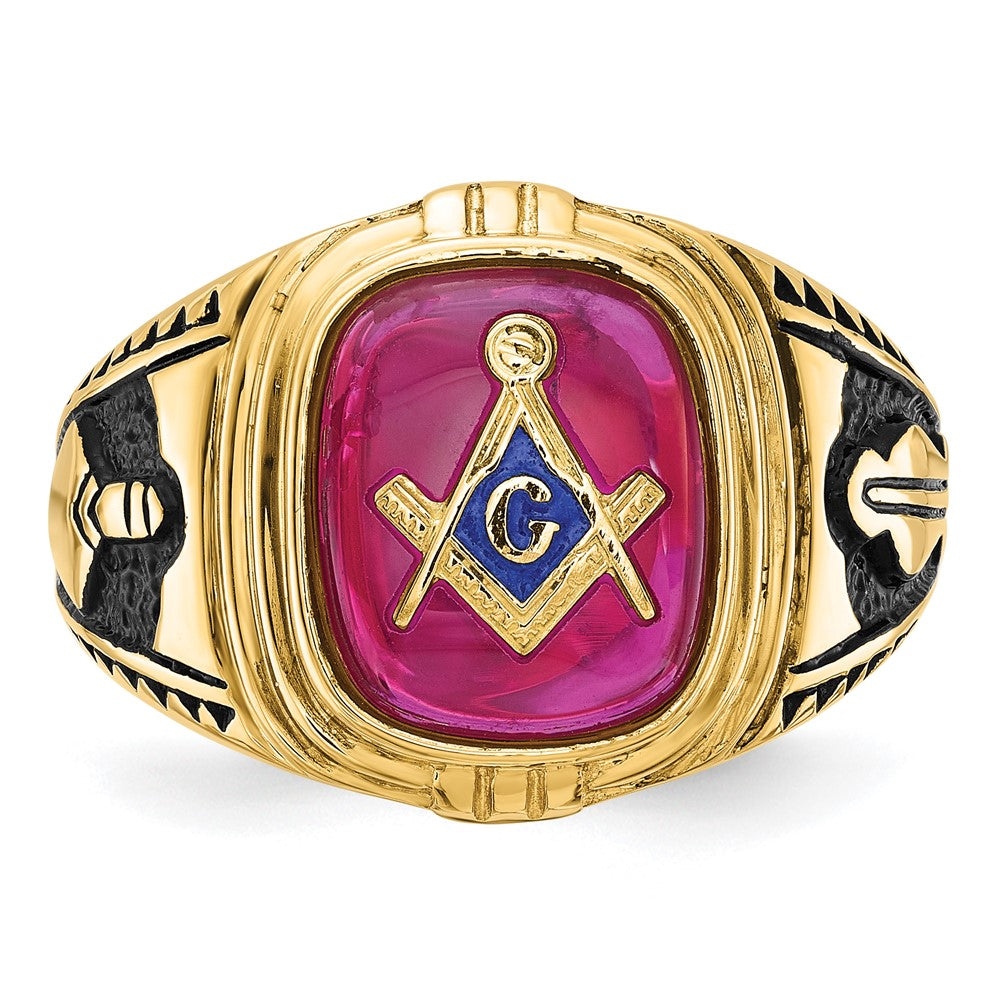 IB Goodman 14k Mens Polished and Textured Black Enamel Lab Created Ruby Masonic Ring