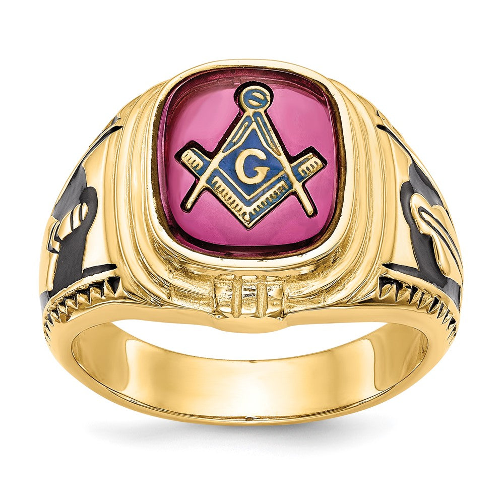 IB Goodman 14k Mens Polished and Textured Black Enamel Lab Created Ruby Masonic Ring