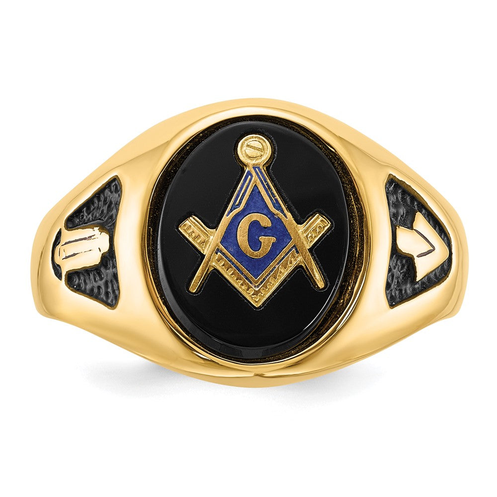 IB Goodman 14k Mens Polished and Textured with Black Enamel and Oval Onyx Masonic Ring