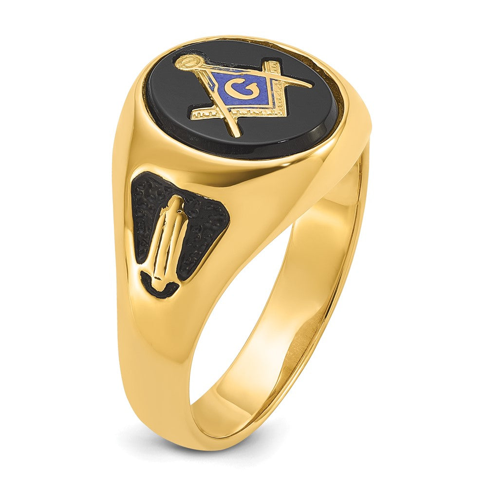 IB Goodman 14k Mens Polished and Textured with Black Enamel and Oval Onyx Masonic Ring