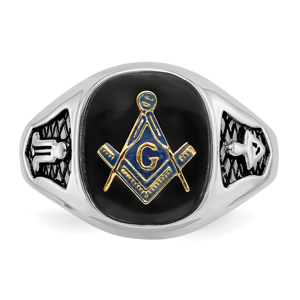 IB Goodman 14k White Gold Mens Polished and Textured with Black Enamel and Onyx Masonic Ring