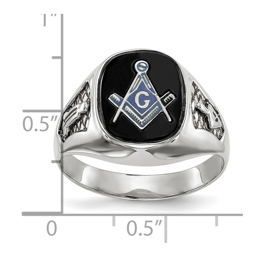 IB Goodman 14k White Gold Mens Polished and Textured with Black Enamel and Onyx Masonic Ring