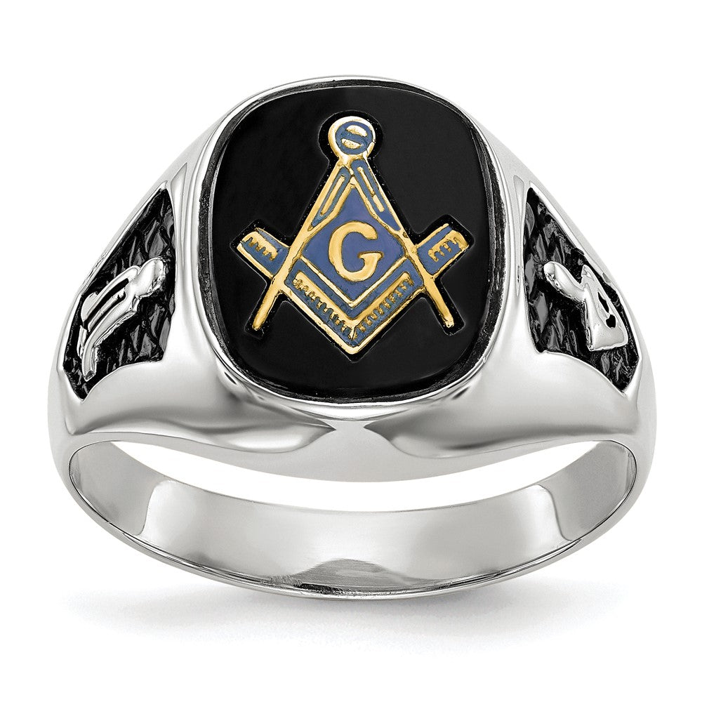 IB Goodman 14k White Gold Mens Polished and Textured with Black Enamel and Onyx Masonic Ring
