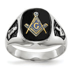 IB Goodman 14k White Gold Mens Polished and Textured with Black Enamel and Onyx Masonic Ring