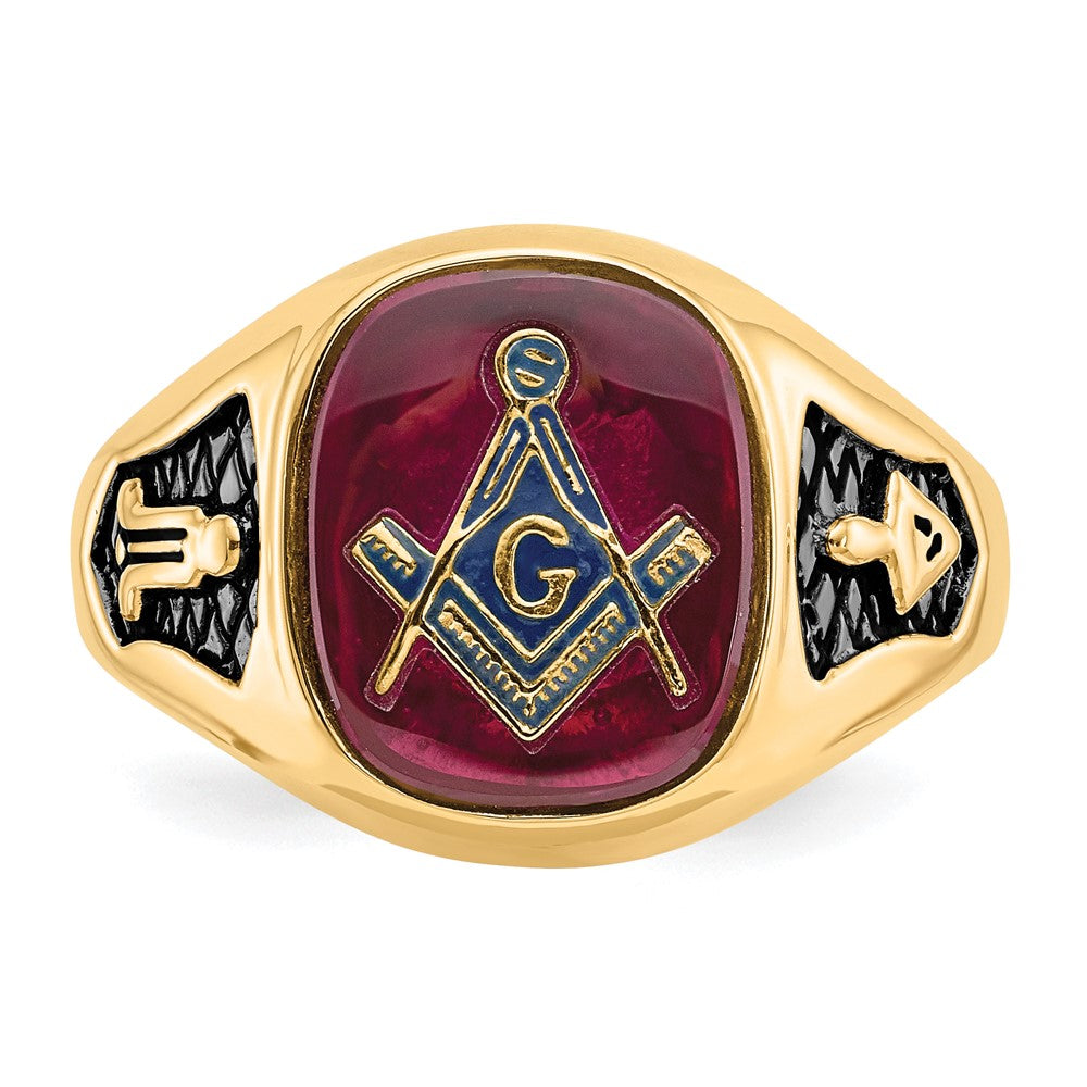 IB Goodman 14k Mens Polished and Textured with Black Enamel and Lab Created Ruby Masonic Ring