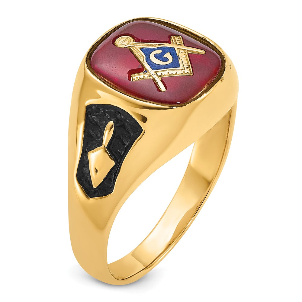 IB Goodman 14k Mens Polished and Textured with Black Enamel and Lab Created Ruby Masonic Ring