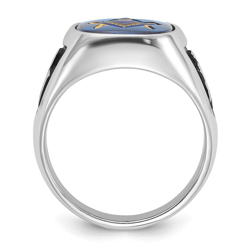 IB Goodman 14k White Gold Mens Polished and Textured with Black Enamel and Imitation Blue Spinel Masonic Ring
