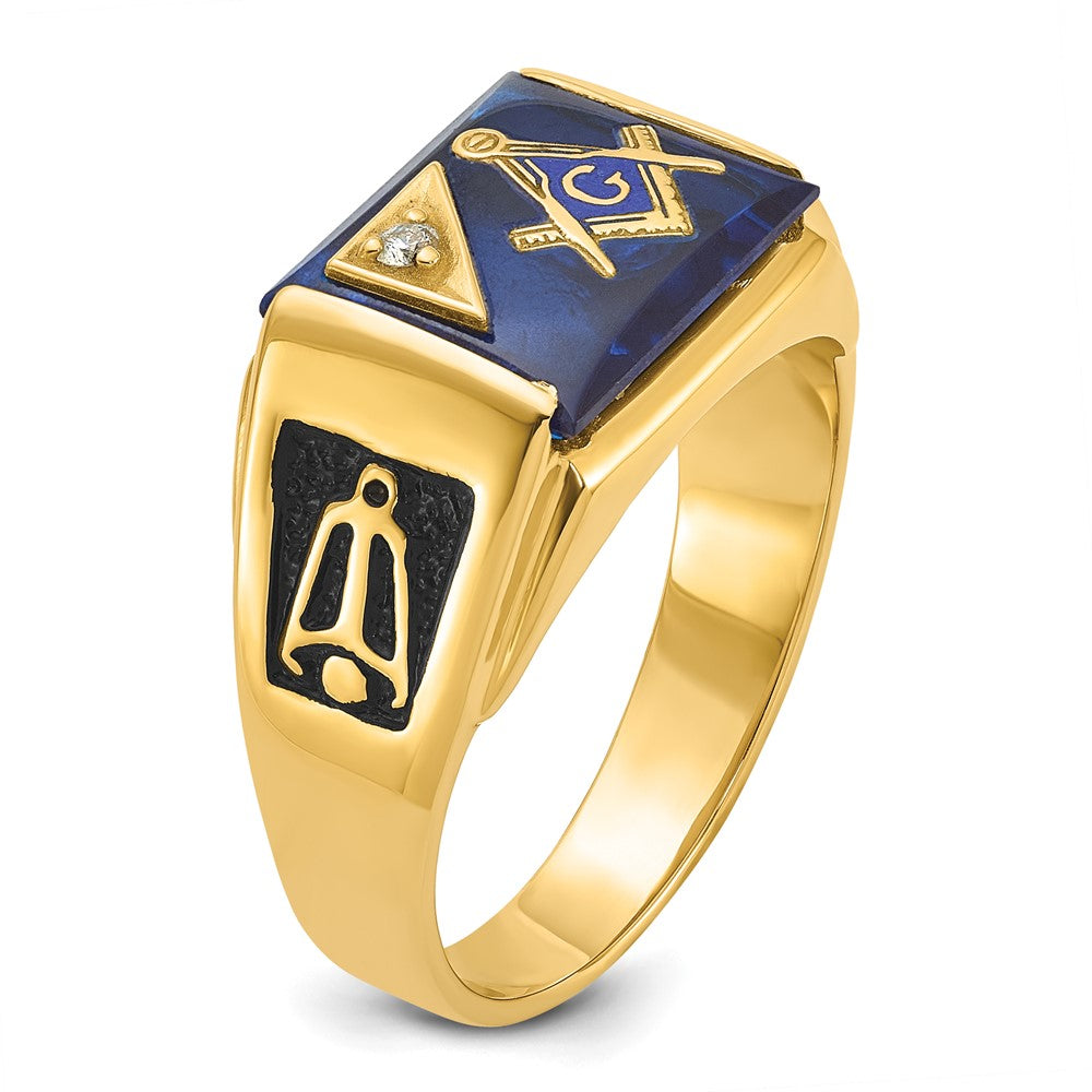 IB Goodman 14k Mens Polished and Textured Black Enameled Imitation Blue Spinel and AAA Quality Diamond Masonic Ring