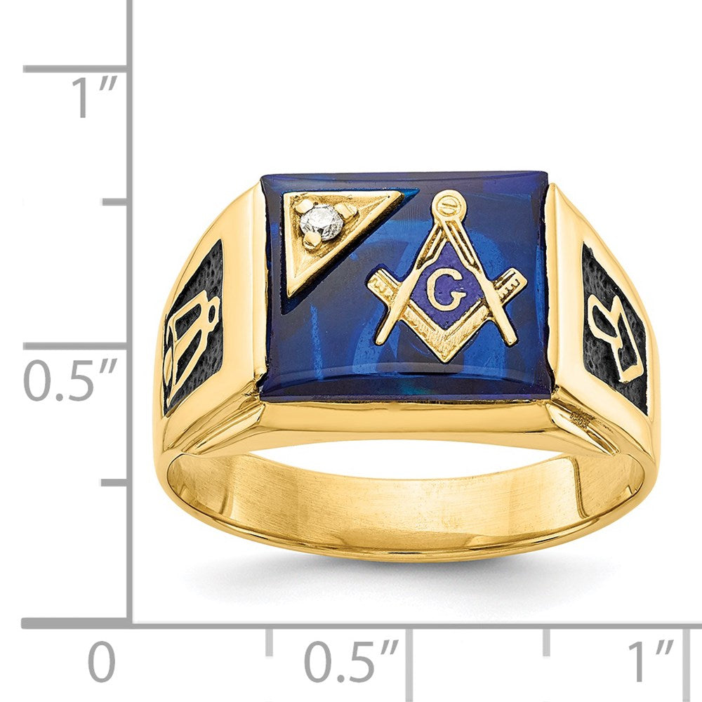 IB Goodman 14k Mens Polished and Textured Black Enameled Imitation Blue Spinel and A Quality Diamond Masonic Ring