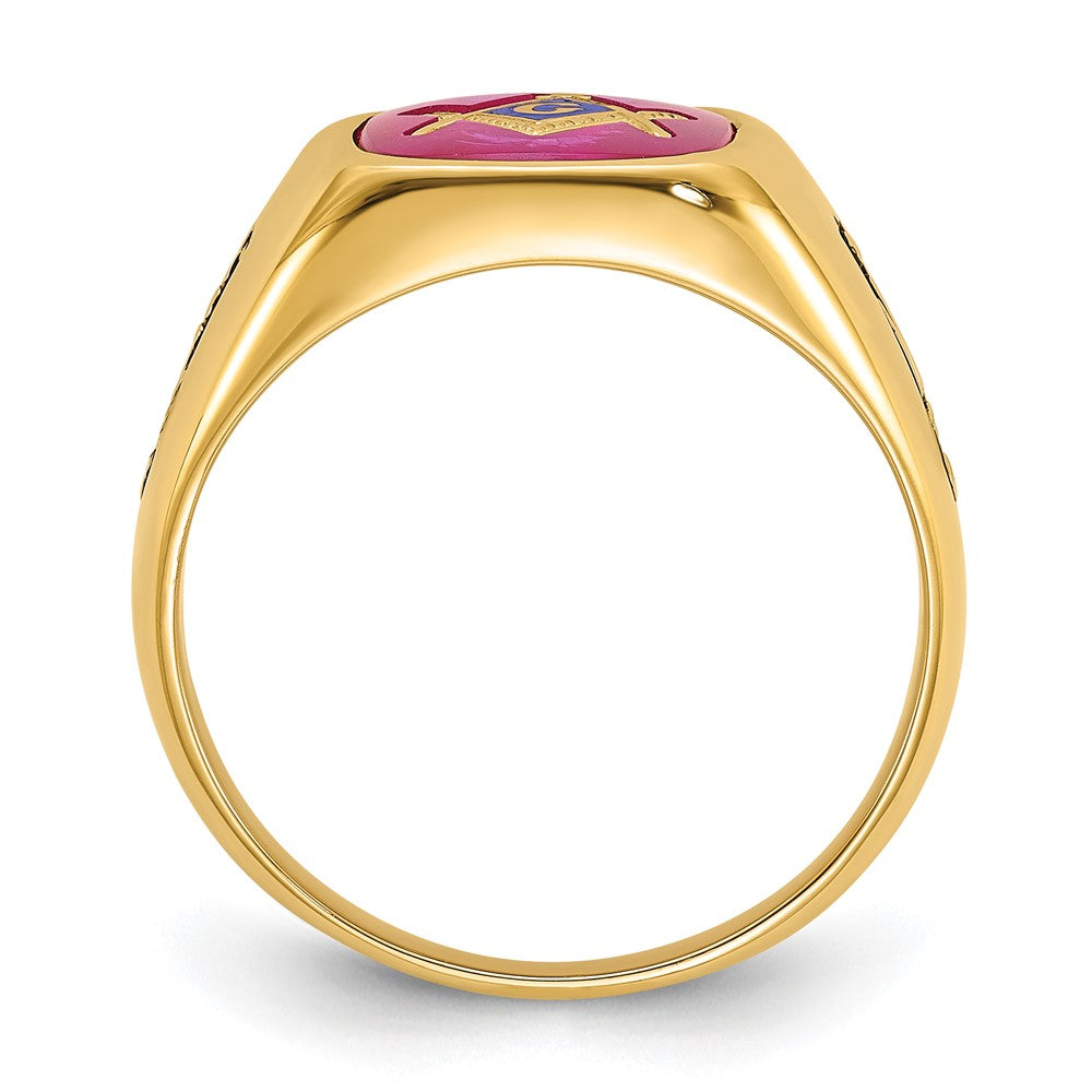 IB Goodman 14k Mens Polished and Textured with Black Enamel and Lab Created Ruby Masonic Ring