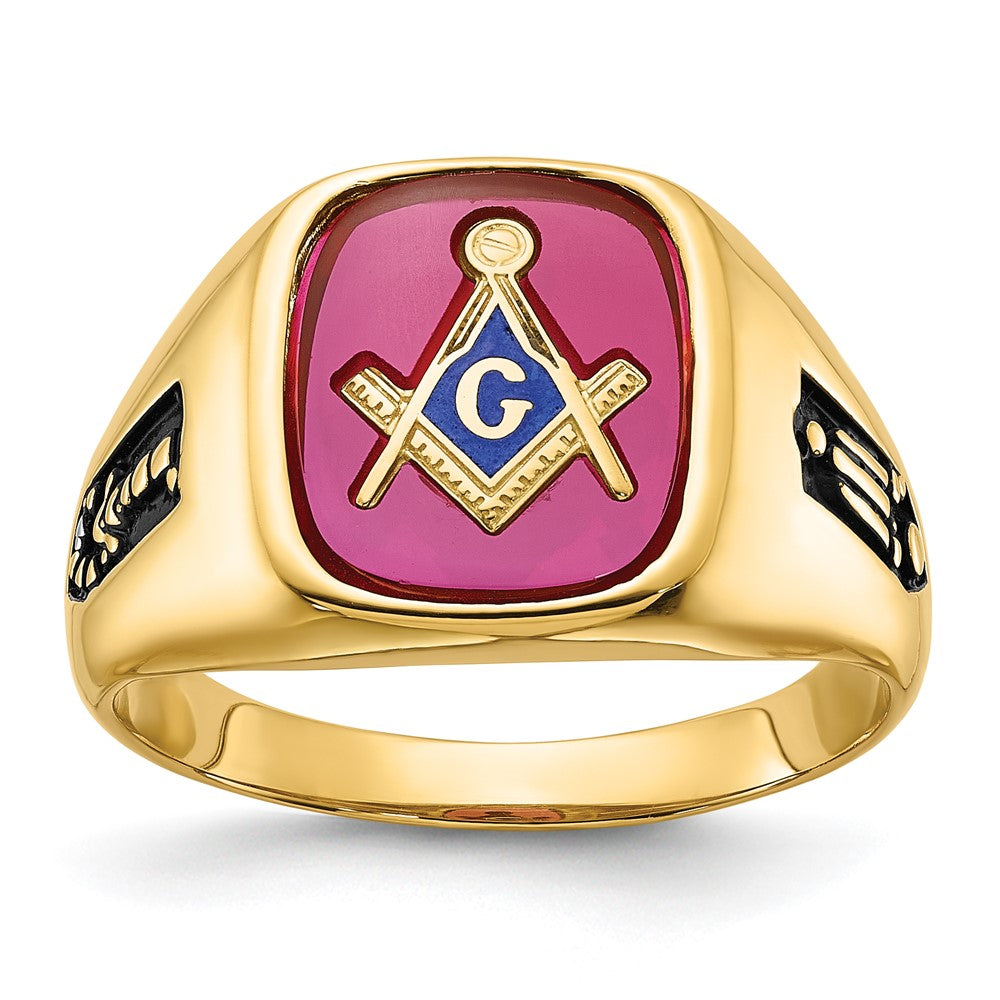 IB Goodman 14k Mens Polished and Textured with Black Enamel and Lab Created Ruby Masonic Ring