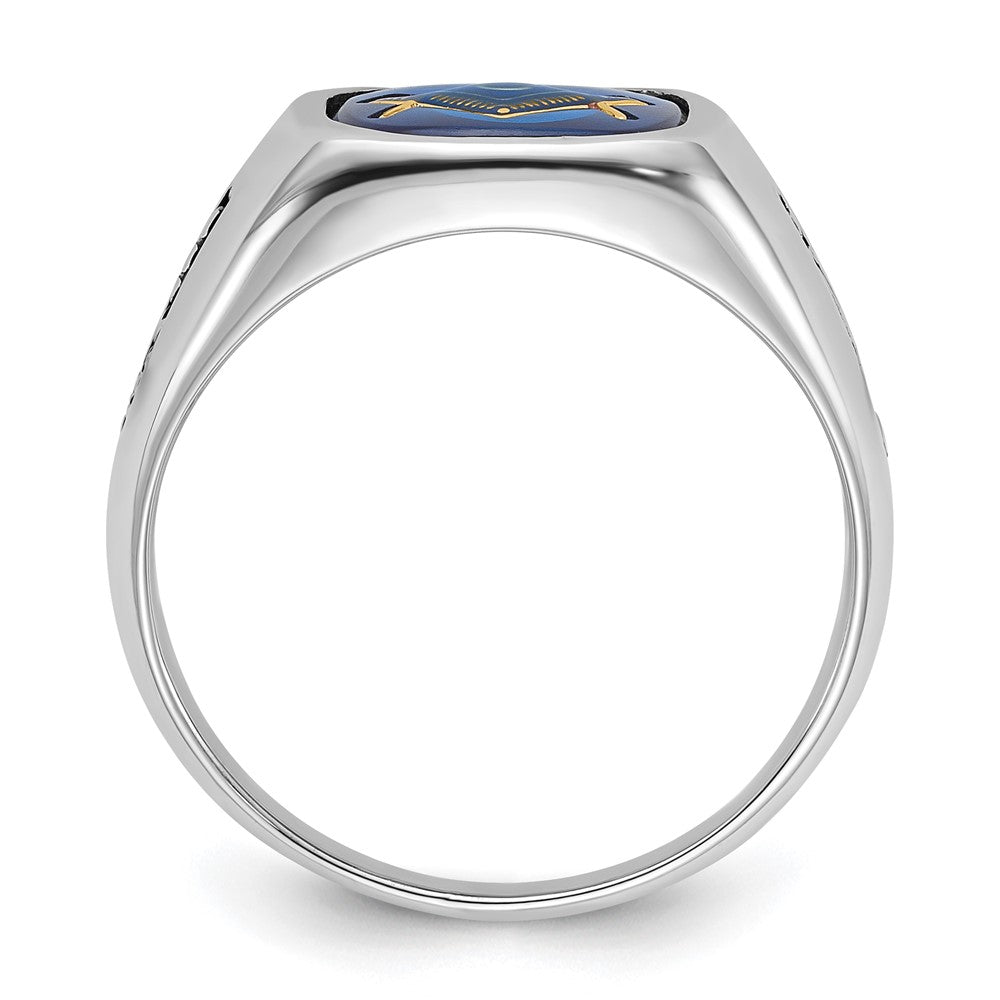 10k White Gold Men's Polished and Grooved with Black Enamel and Imitation Blue Spinel Masonic Ring