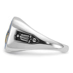 IB Goodman 14k White Gold Mens Polished and Grooved with Black Enamel and Imitation Blue Spinel Masonic Ring