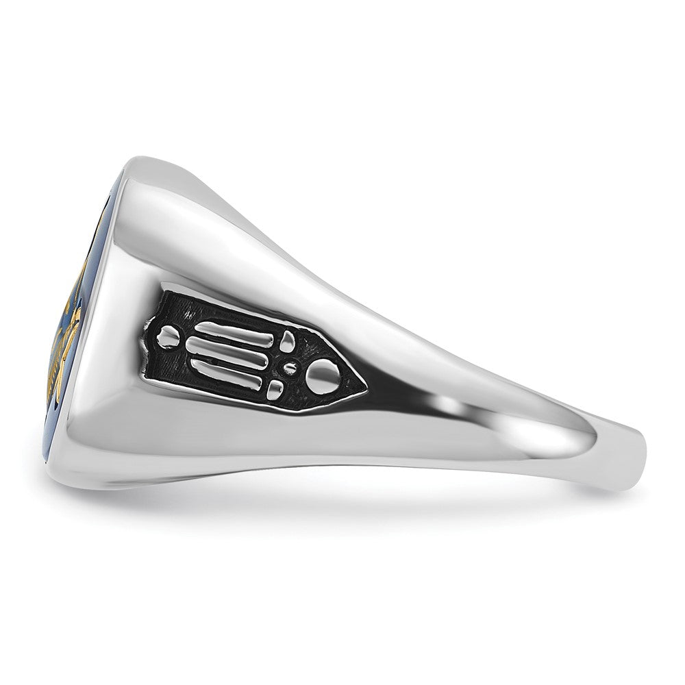 10k White Gold Men's Polished and Grooved with Black Enamel and Imitation Blue Spinel Masonic Ring
