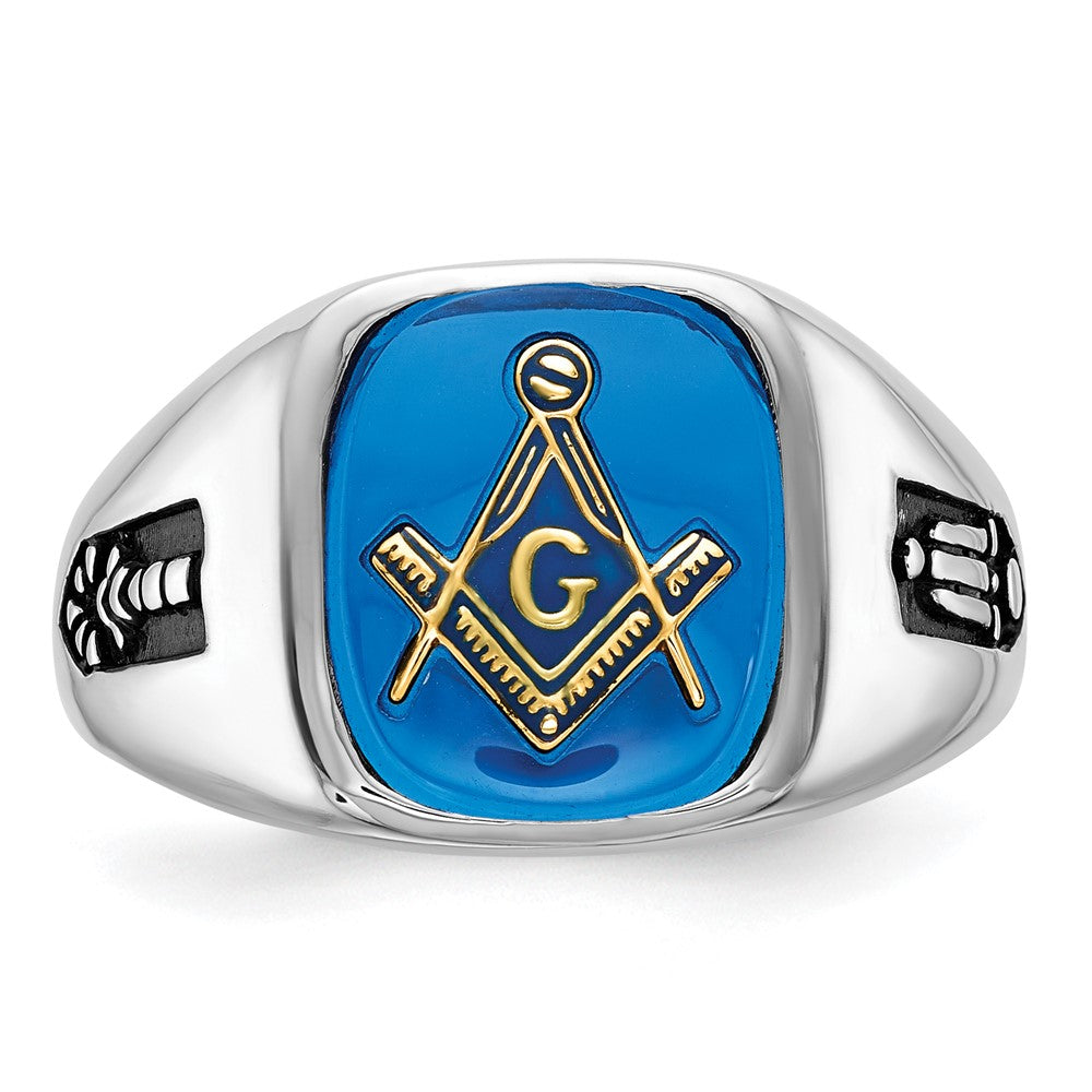 IB Goodman 14k White Gold Mens Polished and Grooved with Black Enamel and Imitation Blue Spinel Masonic Ring