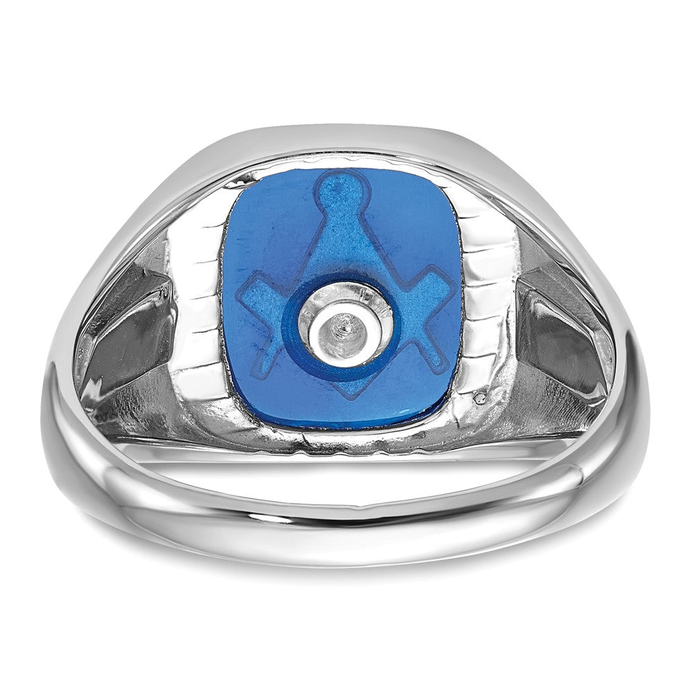 10k White Gold Men's Polished and Grooved with Black Enamel and Imitation Blue Spinel Masonic Ring