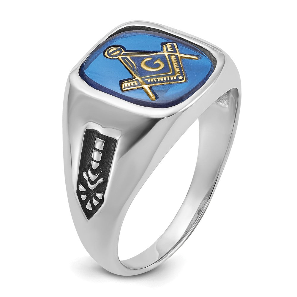 10k White Gold Men's Polished and Grooved with Black Enamel and Imitation Blue Spinel Masonic Ring
