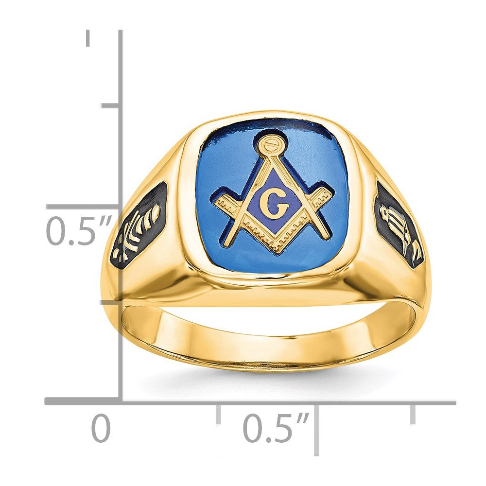10k White Gold Men's Polished and Grooved with Black Enamel and Imitation Blue Spinel Masonic Ring