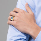 14k Men's Polished and Grooved with Black Enamel and Imitation Blue Spinel Masonic Ring