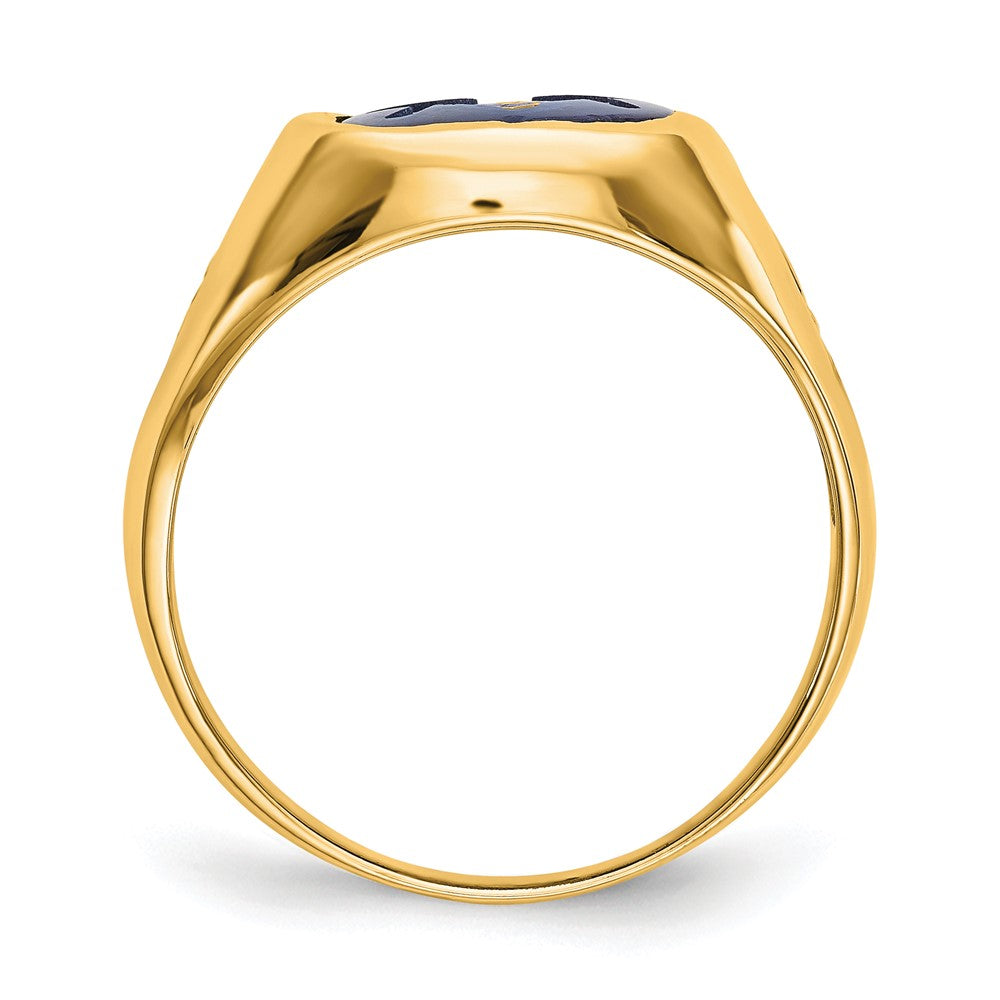 14k Men's Polished and Grooved with Black Enamel and Imitation Blue Spinel Masonic Ring