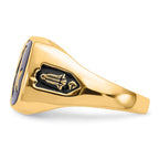 14k Men's Polished and Grooved with Black Enamel and Imitation Blue Spinel Masonic Ring