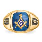 14k Men's Polished and Grooved with Black Enamel and Imitation Blue Spinel Masonic Ring