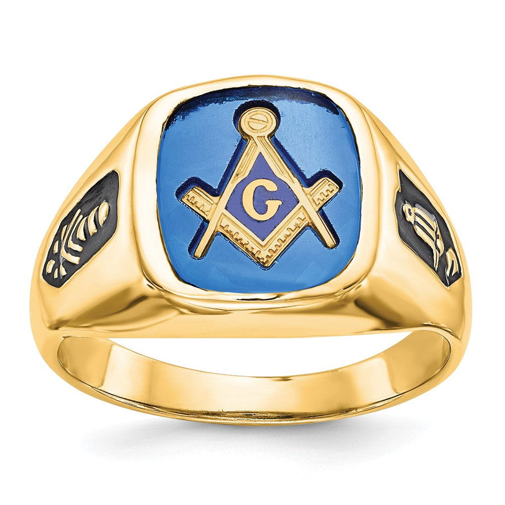 14k Men's Polished and Grooved with Black Enamel and Imitation Blue Spinel Masonic Ring
