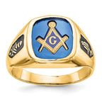14k Men's Polished and Grooved with Black Enamel and Imitation Blue Spinel Masonic Ring
