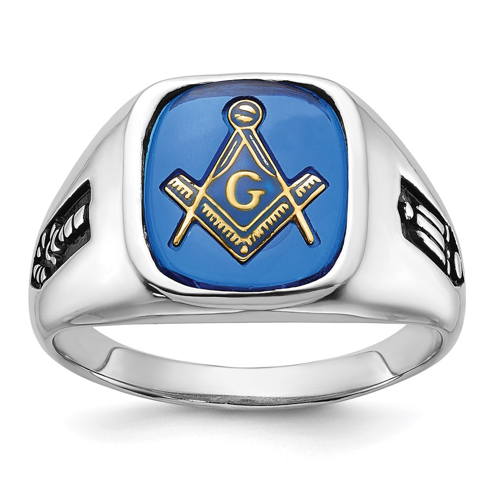10k White Gold Men's Polished and Grooved with Black Enamel and Imitation Blue Spinel Masonic Ring