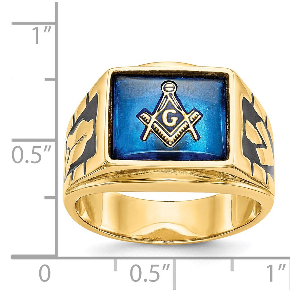 IB Goodman 14k Mens Polished and Textured with Black Enamel and Imitation Blue Spinel Masonic Ring