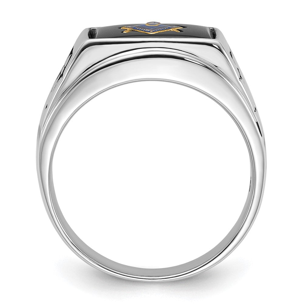 IB Goodman 14k White Gold Mens Polished and Textured with Black Enamel and Onyx Masonic Ring