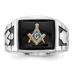 IB Goodman 14k White Gold Mens Polished and Textured with Black Enamel and Onyx Masonic Ring