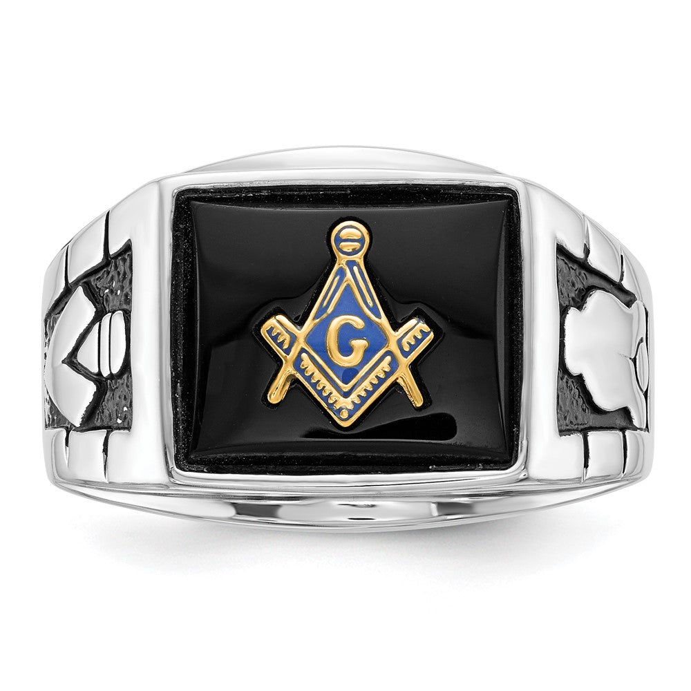 IB Goodman 14k White Gold Mens Polished and Textured with Black Enamel and Onyx Masonic Ring