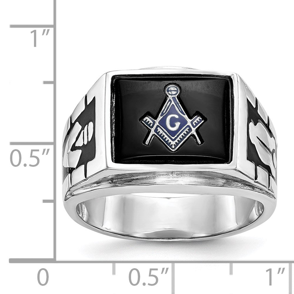 IB Goodman 14k White Gold Mens Polished and Textured with Black Enamel and Onyx Masonic Ring