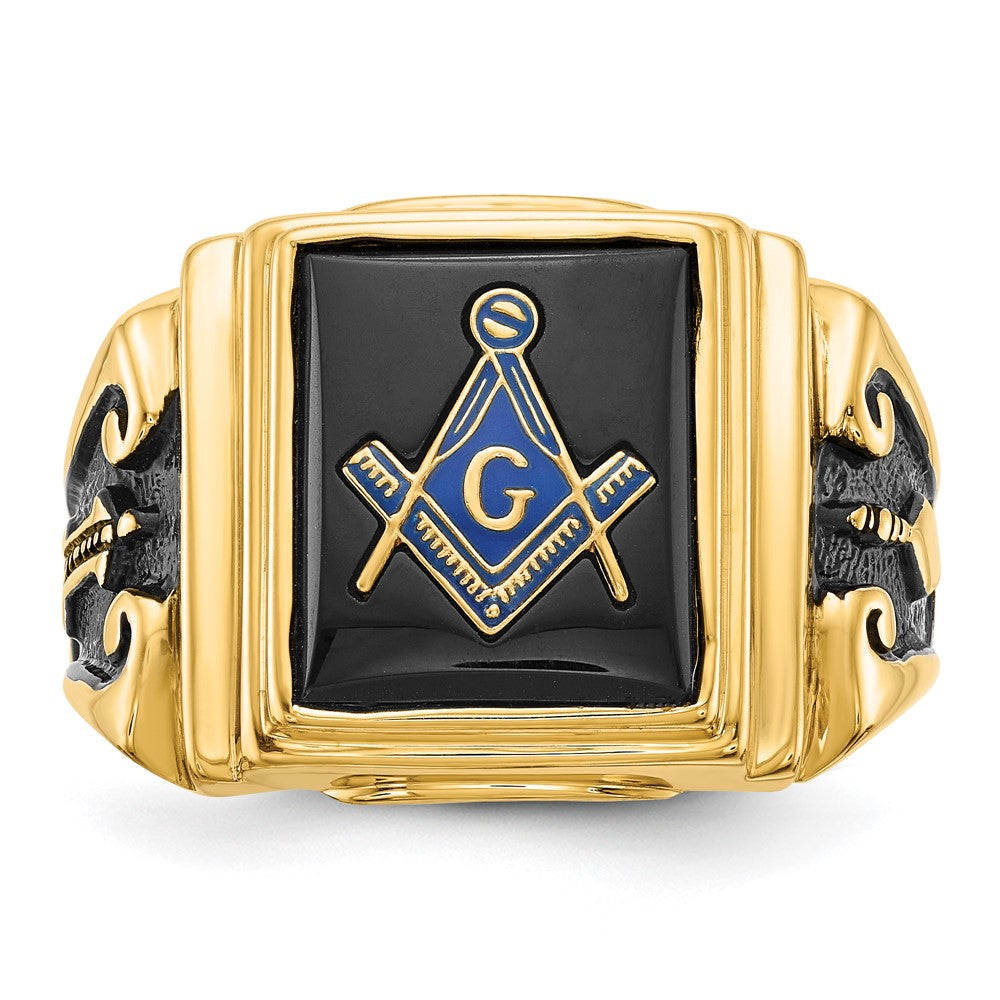 IB Goodman 14k Mens Polished and Textured with Black Enamel and Onyx Masonic Ring