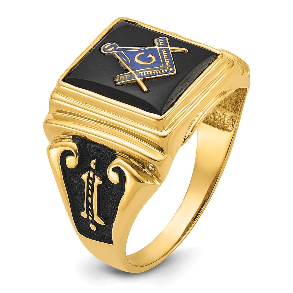 IB Goodman 14k Mens Polished and Textured with Black Enamel and Onyx Masonic Ring