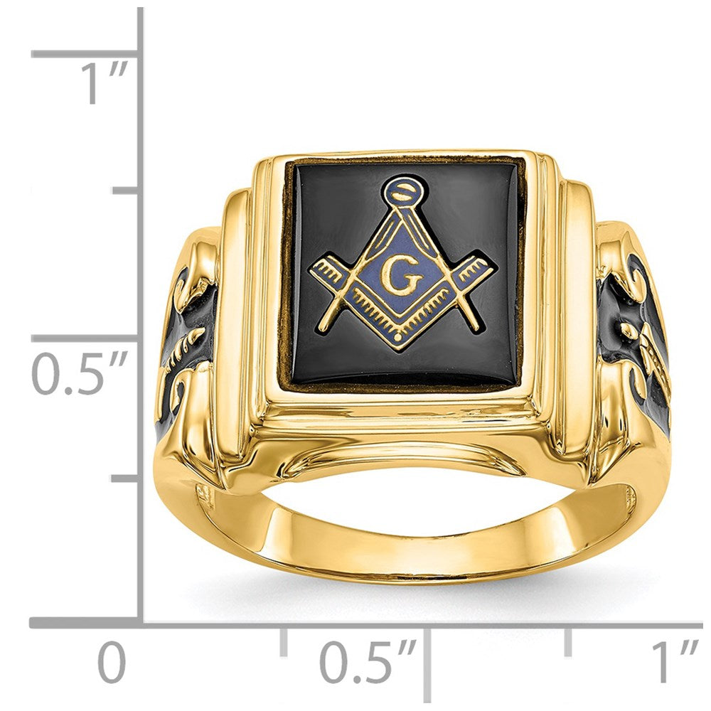14k White Gold Men's Polished and Textured with Black Enamel and Onyx Masonic Ring