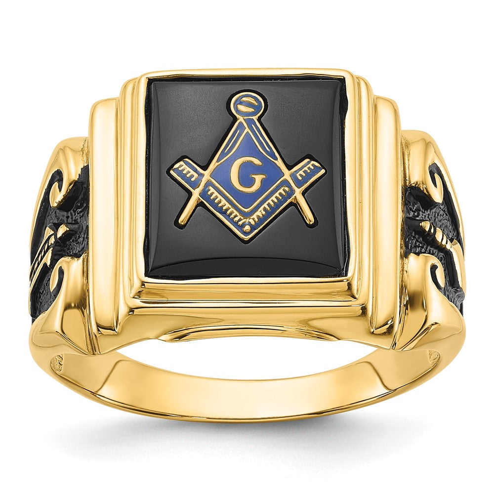 IB Goodman 14k Mens Polished and Textured with Black Enamel and Onyx Masonic Ring