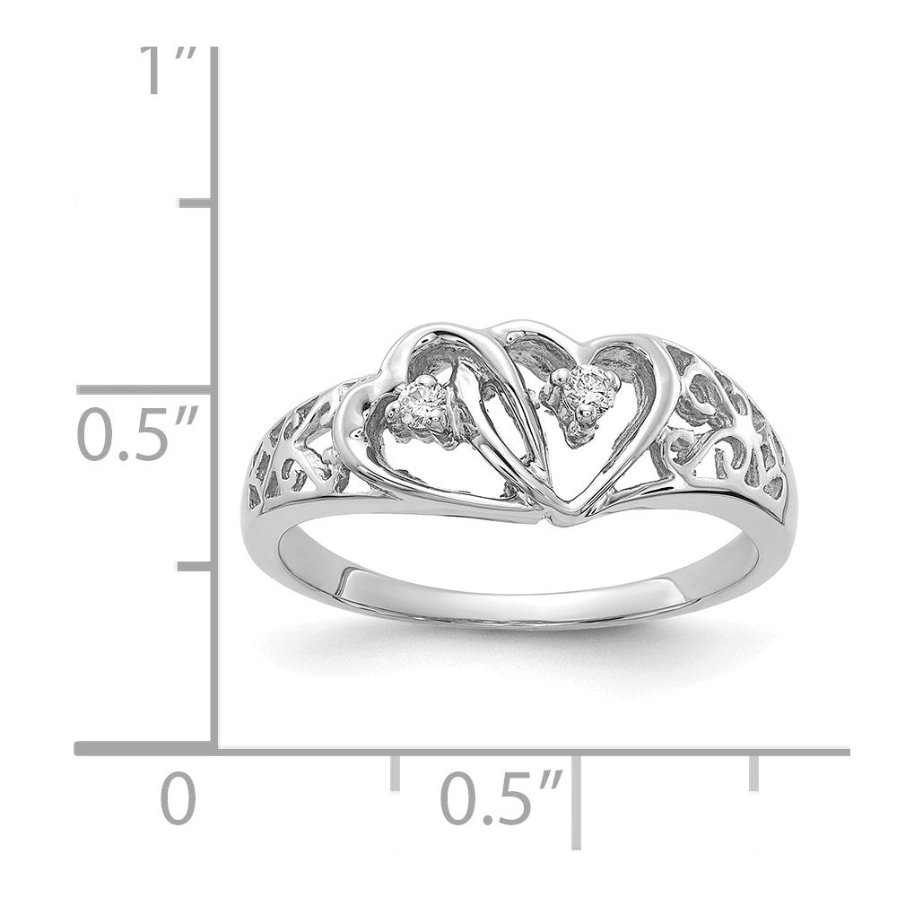 14k White Gold Polished 1/20 carat AA Diamond Two Hearts Ring