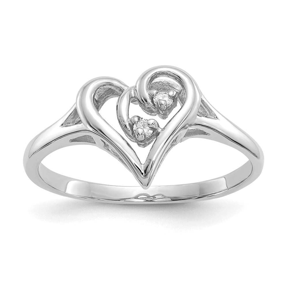 14k White Gold Polished AAA Diamond Swirled Heart Ring