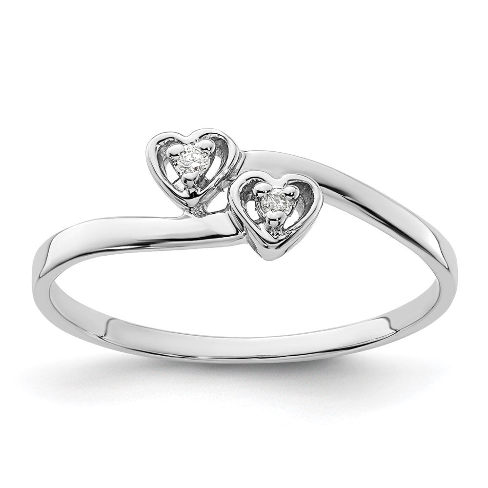 14k White Gold Polished AA Diamond Two Hearts Ring