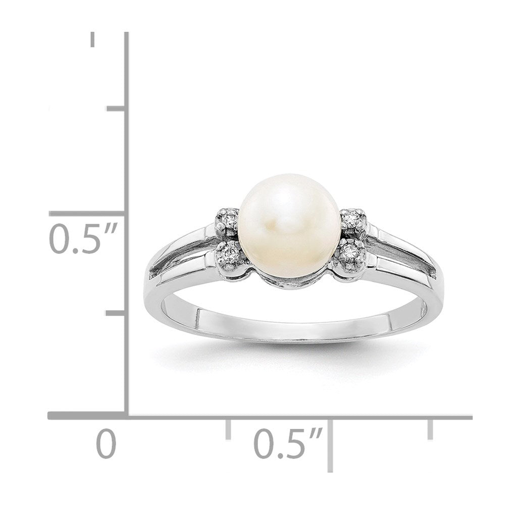 14k White Gold 6mm White Freshwater Cultured Pearl and AA Diamond Ring