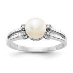14k White Gold 6mm White Freshwater Cultured Pearl and AA Diamond Ring