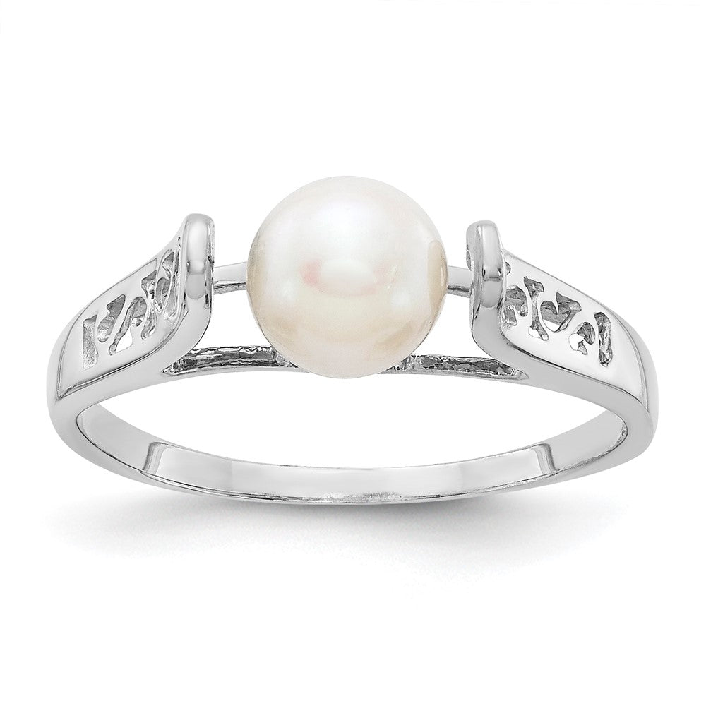 14k White Gold 6mm White Freshwater Cultured Pearl Filigree Ring