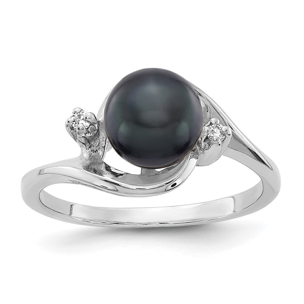 14k White Gold 7mm Black Freshwater Cultured Pearl and AA Diamond Ring