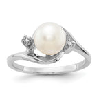 14k White Gold 7mm White Freshwater Cultured Pearl and AAA Diamond Ring