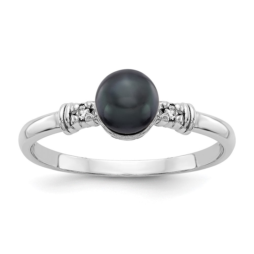 14k White Gold 5mm Black Freshwater Cultured Pearl and AAA Diamond Ring