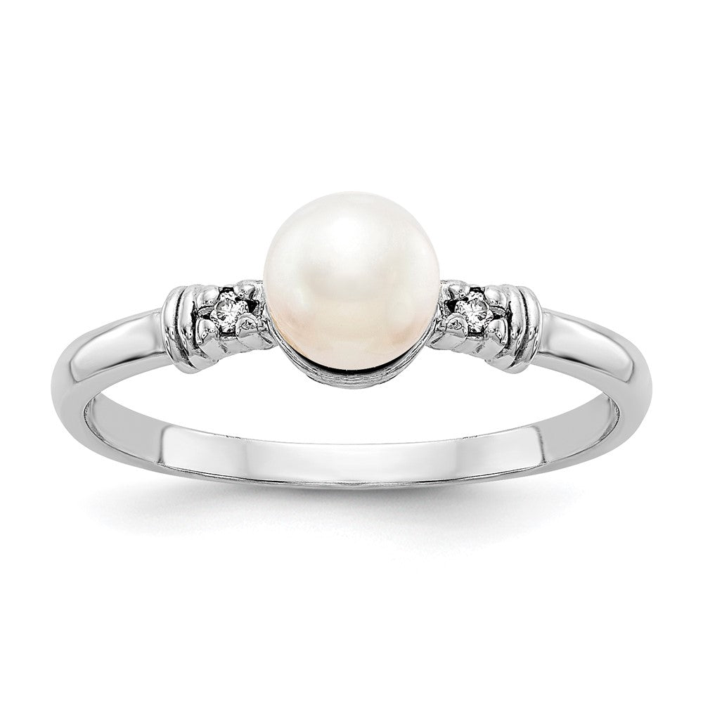 14k White Gold 5mm White Freshwater Cultured Pearl and AA Diamond Ring