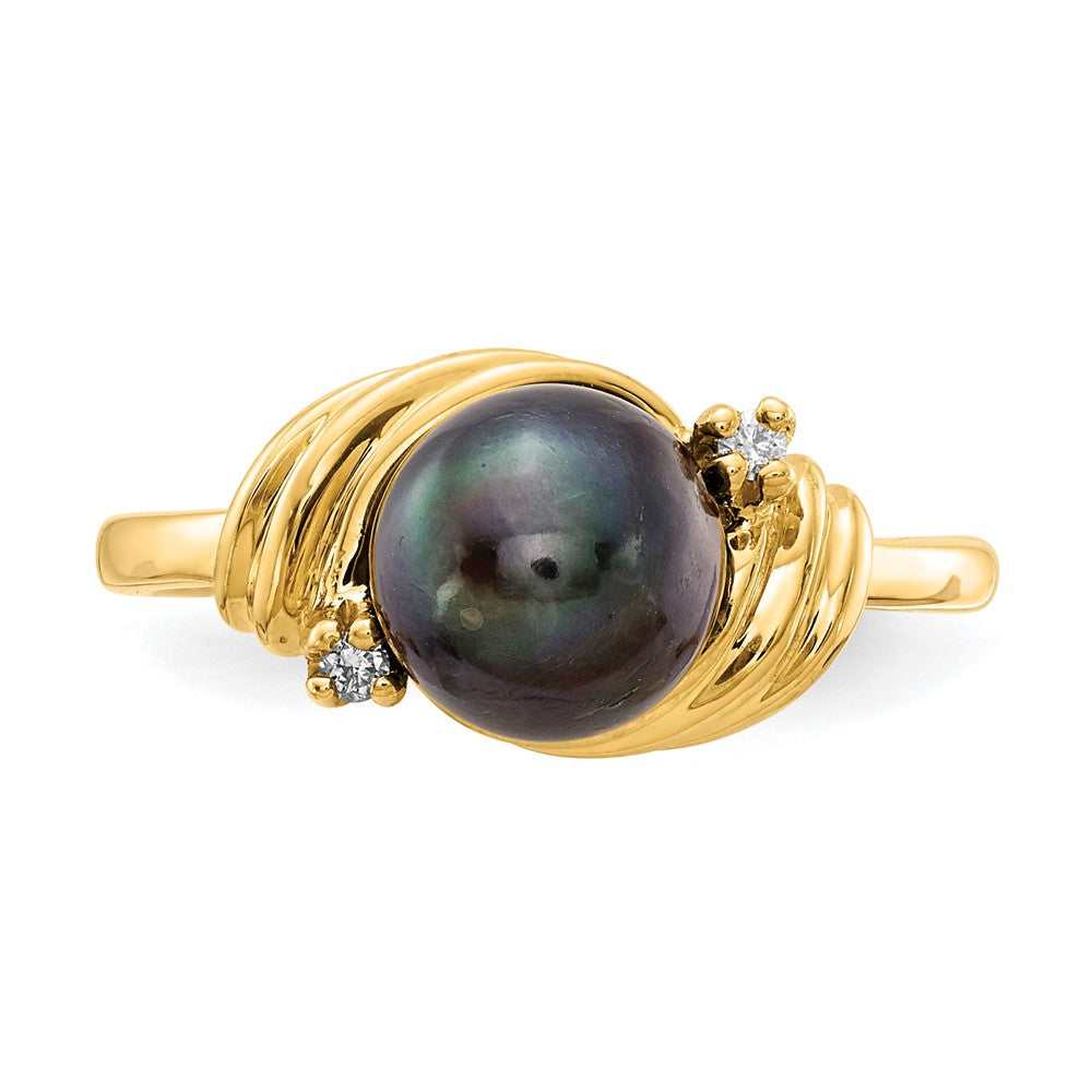 14k 7mm Black Freshwater Cultured Pearl and AA Diamond Ring