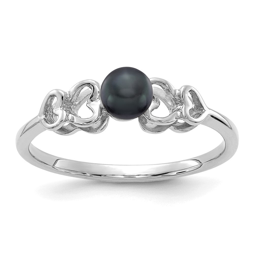 14k White Gold 4mm Black Freshwater Cultured Pearl Heart Ring